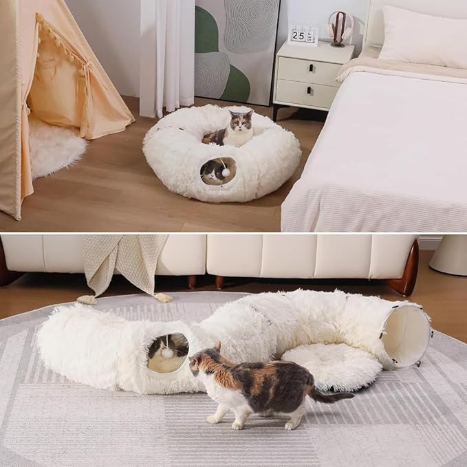 3 in-1 Cat Donut Bed - Luxurious Cat Tunnel Toys, Plush Cat Tunnel with Hanging Toys, Washable Pet Bed for Cats Kittens Rabbits, Xmas Decoration & Cat Tree Barrier