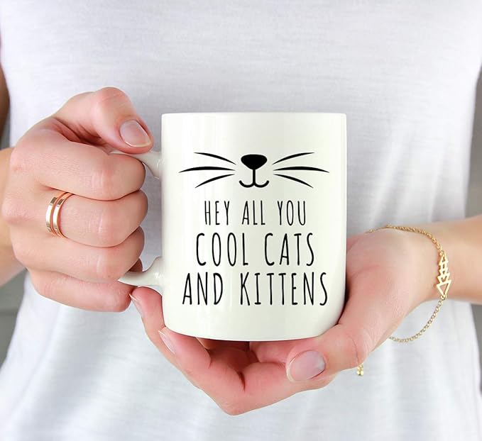 Andaz Press Funny Cat Lover 11oz. Ceramic Coffee Tea Mug, Hey All You Cool Cats And Kittens, 1-Pack, for Cat Mom, Birthday Christmas Ideas, Includes Box