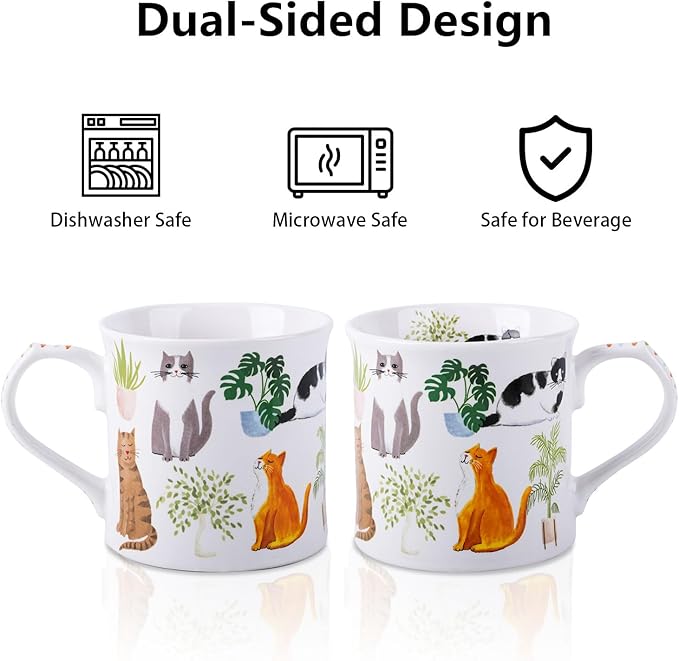 Cute Cats & Plants Coffee Mug - 12 oz Fine New Bone China Coffee Tea Cup with Kitten Design, Cat Mom Gifts for Women, Holiday Gift for Cat Lovers & Friends, Designed in England by Harvest Green Studio