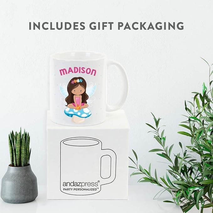 Andaz Press Personalized 11oz. Kids Milk Hot Chocolate Mug, Pink Fairytale Princess with Blue Mushroom, 1-Pack, Custom Child’s Birthday Christmas Coffee Cup