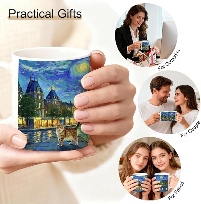 Famous Oil Painting Starry Night Cat Art Theme Double-Sided Ceramic Mug, Famous Art Parody Funny Cats Mug for Pet Lover, Kitty Lover Gifts for Men Women, Christmas Birthday Gifts for Cat Mom
