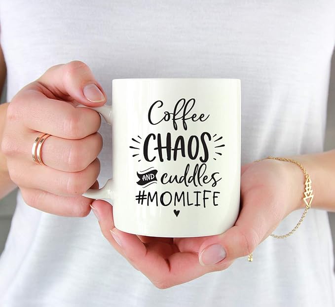 Andaz Press Mother's Day 11oz. Ceramic Coffee Tea Mug Gift for Mom, Coffee Chaos & Cuddles #MomLife, 1-Pack, Birthday Christmas Gift Ideas