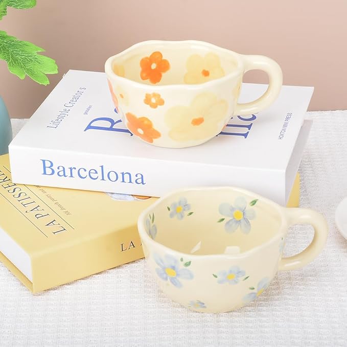 Cute Coffee Mug,Ceramic Tea cup,Kawaii coffee mugs,Handmade Creative Flower Pink mug with Spoon,Aesthetic mugs for milk Cappuccino Cocoa,8.5 oz Cheery Mug Gift for Women Christmas (Blue)