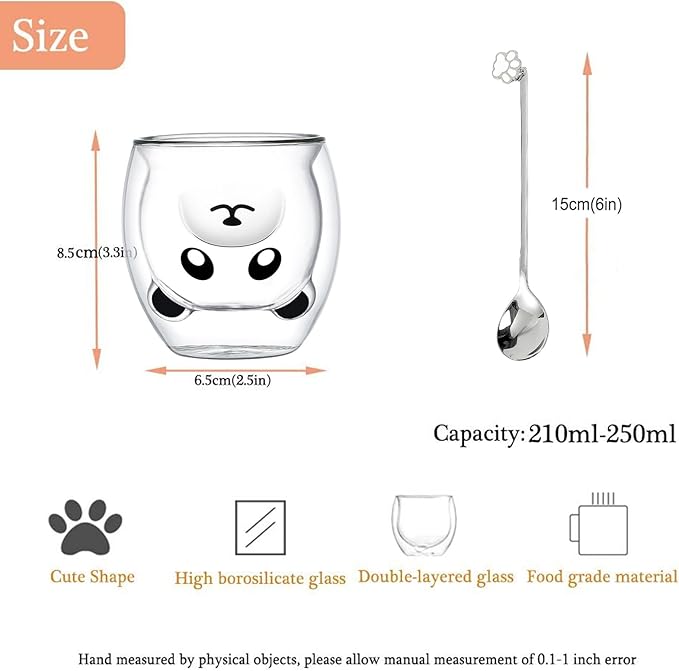 Binoster Panda Mug Cute Mugs Glass Double Wall Insulated Glass Espresso Cup, Kawaii Mug, Coffee Cup, Tea Cup, Milk Cup, Birthday Christmas Gifts(Panda)