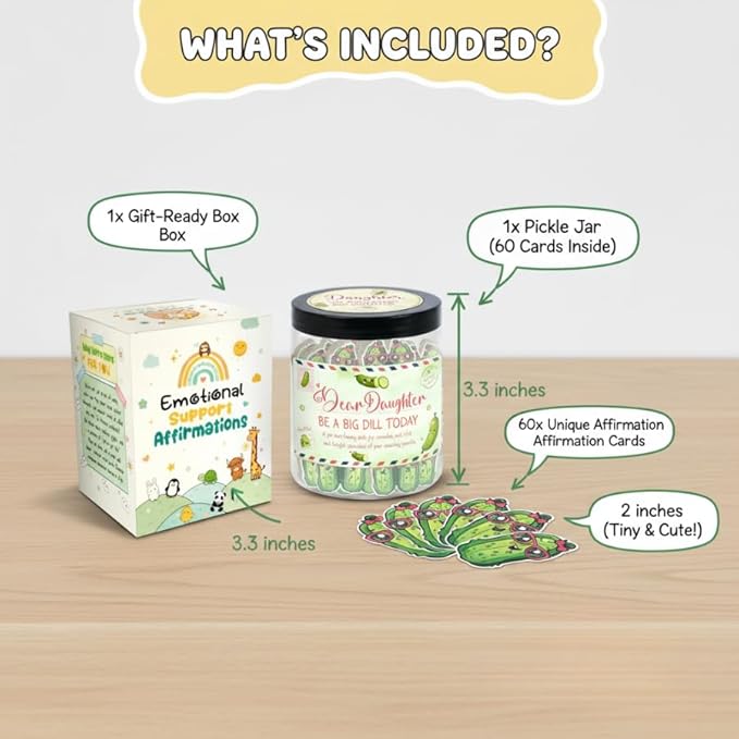 DEARMINE 60 Positive Pickle Cards Jar for Daughter with Affirmation Cards, Daughters Birthday Gift Ideas from Mom, Dad, Daughter Gifts, Unique Birthday Gifts for Daughter in Law
