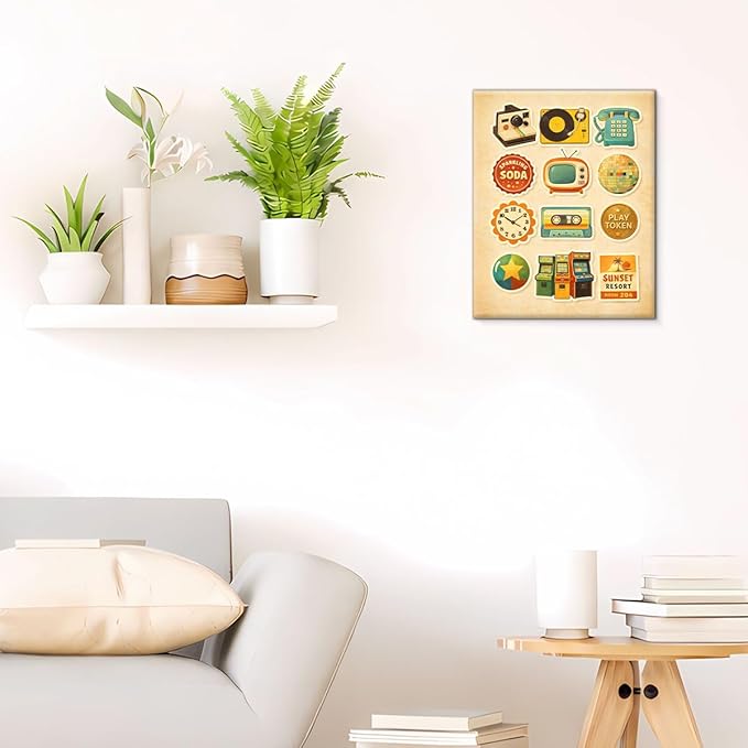 Retro Nostalgic Canvas Wall Art Vintage 70s Objects Print Painting Retro Wall Decor for Home Living Room Bedroom 8x10 Inches Framed