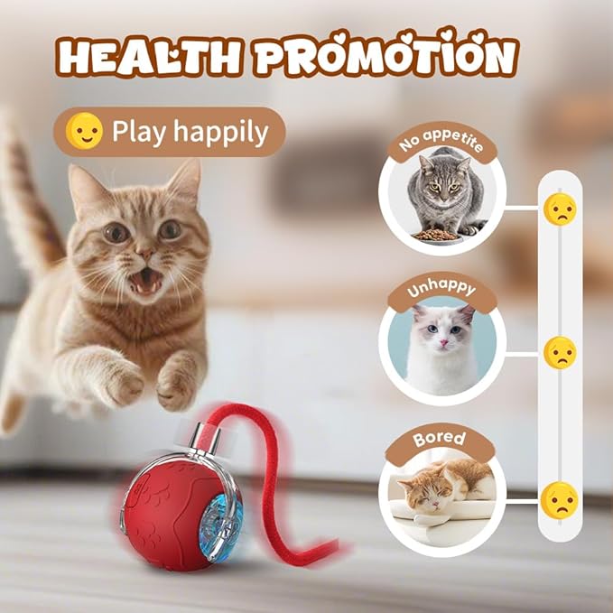 Interactive Cat Toy Balls, 2025 New Interactive Rolling Cat Balls, Upgrade 3.0 Tail Cat‘s Toys with LED Light, Three Modes Smart Automatic Rolling Pet Ball Toy (RED（Feather Style）)