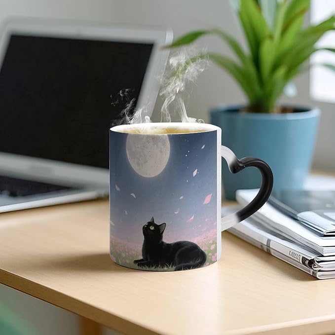 Aesthetic Cat Color Changing Mug 11oz, Heat Sensitive Coffee Mug Reveals Pattern with Hot Liquid, Ceramic Novelty Coffee Cup with Heart Shaped Handle, Funny Gift
