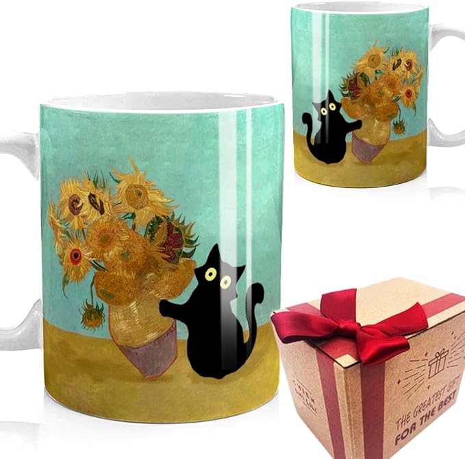 Famous Art Paintings Funny Cat Coffee Mug for Artist Art Lover Teacher Cat Lovers, Famous Picture Classic Vincent Aesthetic Canvas Mug Birthday Gift for Women Man (Black Cat Sunflower)