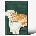 Sleeping Orange Cat poster Green Aesthetic Wall Art Preppy Funky Cute Animal Canvas Painting Gift For Cat Lover 24x36 inch Black Framed for Cozy Room Wall Decor