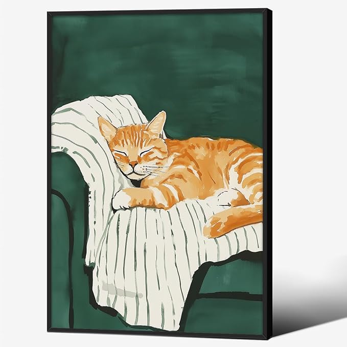 Sleeping Orange Cat poster Green Aesthetic Wall Art Preppy Funky Cute Animal Canvas Painting Gift For Cat Lover 24x36 inch Black Framed for Cozy Room Wall Decor