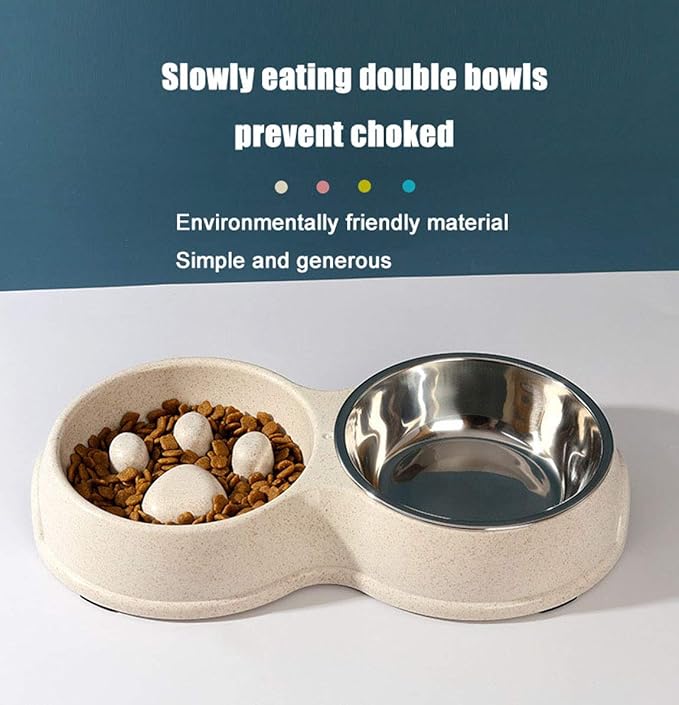 Tineer Double Pet Dog Slow Feeder Bowl,Stainless Steel Anti-Choke Puppy Food and Water Feeder for Dogs Cats (Blue)