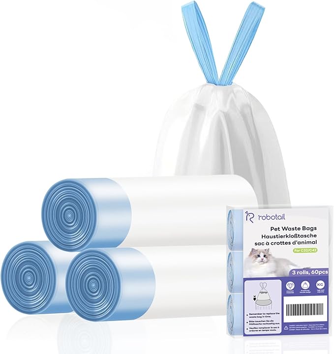Cat Litter Bags, 60 Pack Durable Drawstring Litter Box Liners for Robotail C32/C42 Self Cleaning Cat Litter Box, Replacement bags for Self-Cleaning Litter Boxes - 3 Rolls