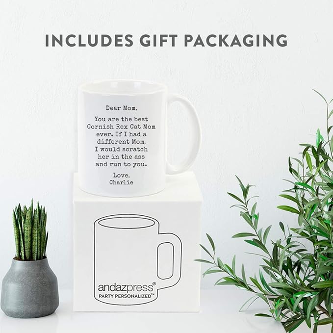 Andaz Press Personalized Funny Mom 11oz. Coffee Mug Gag Gift, Best Cornish Rex Cat Mom, Scratch in Ass and Run to You, 1-Pack, Custom Cat Lover's Christmas Birthday Ideas, Includes Gift Box