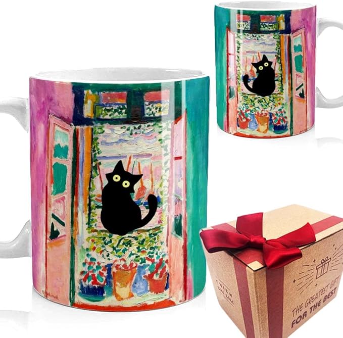 Famous Art Paintings Funny Cat Coffee Mug for Artist Art Lover Teacher Cat Lovers, Famous Picture Classic Vincent Aesthetic Canvas Mug Birthday Gift for Women Man (Open Window)