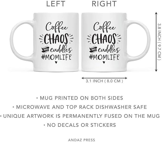 Andaz Press Mother's Day 11oz. Ceramic Coffee Tea Mug Gift for Mom, Coffee Chaos & Cuddles #MomLife, 1-Pack, Birthday Christmas Gift Ideas