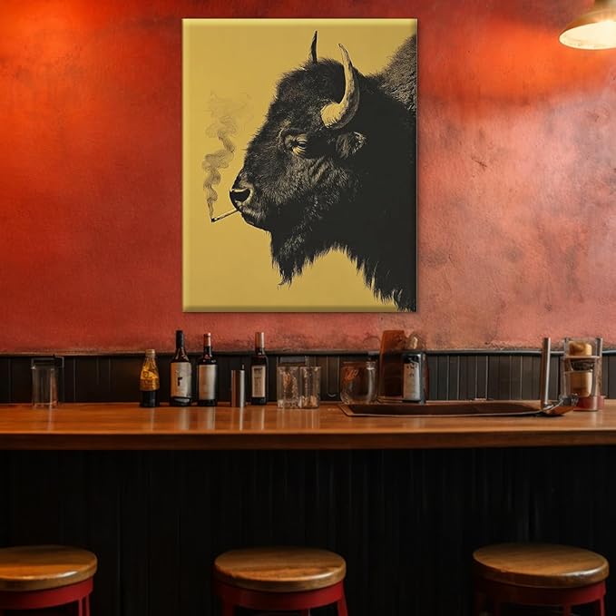 Whimsical Bison Wall Art Decor Vintage Black Bison Print Picture Retro Animal Wall Decor for Home Man Cave Living Room 8x10 Inch Canvas Framed