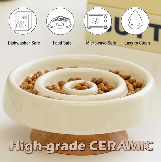Ceramic Cat Slow Feeder, Raised Slow Feeder Cat Bowl, Anti Vomiting and Whisker Friendly Kitty Dish, Elevated Puppy Kitten Food Bowl for Dry and Wet Food (White)