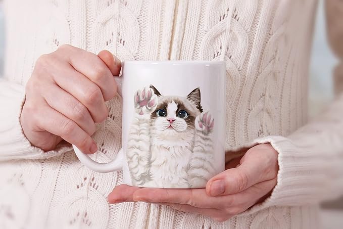 MUGBREW Cute Chocolate Bicolor Ragdoll Cat Paws Up Ceramic Coffee Mug Tea Cup, 11 OZ