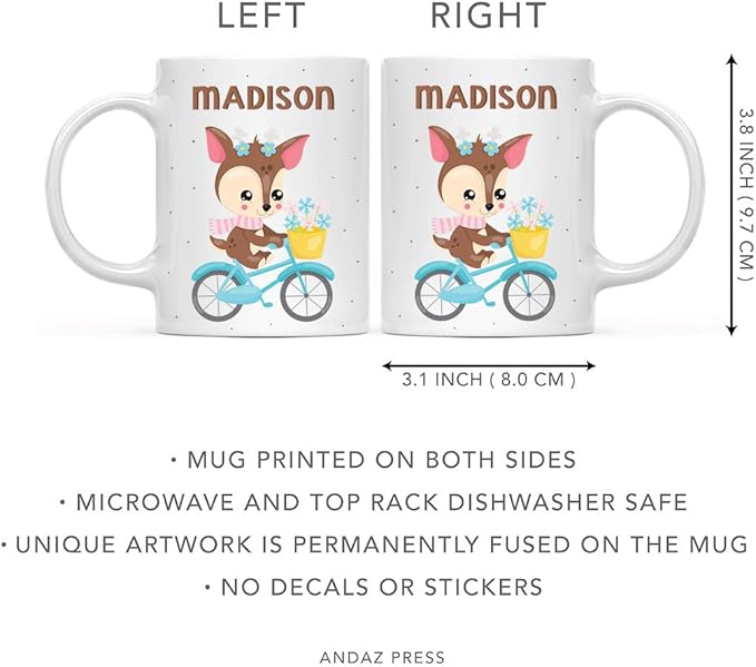 Andaz Press Personalized 11oz. Kids Milk Hot Chocolate Mug, Deer Blue Bicycle, 1-Pack, Custom Child’s Birthday Christmas Coffee Cup