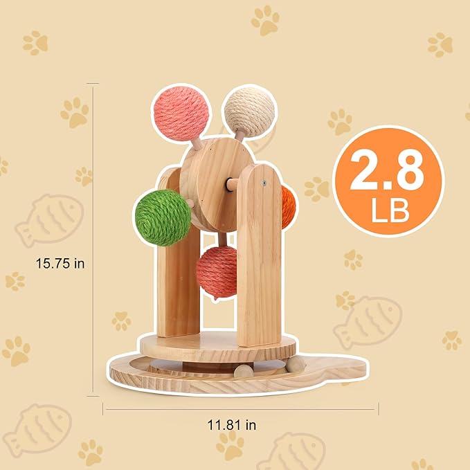 Cat Toy Ball Track,2-in-1 Interactive Cat Toy for Indoor Cats,Natural Sisal Ball with Solid Wooden Base,Spinning Ball Cats Scratcher Toy