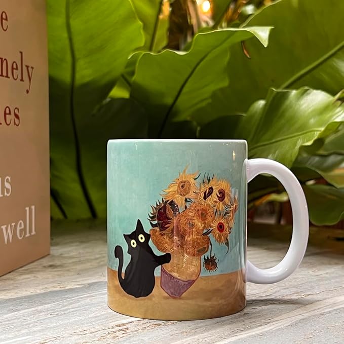 Famous Art Paintings Funny Cat Coffee Mug for Artist Art Lover Teacher Cat Lovers, Famous Picture Classic Vincent Aesthetic Canvas Mug Birthday Gift for Women Man (Black Cat Sunflower)
