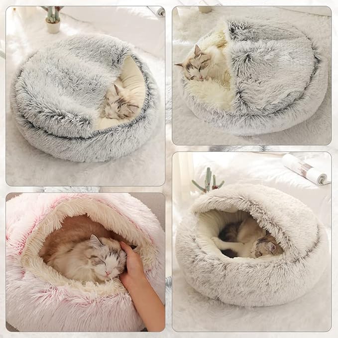 Cat Bed Round Fluffy Hooded Cat Bed Cave, Anti-Anxiety Cave Bed with Hooded Blanket, Cozy Cuddler Luxury Puppy Pet Bed, Anti-Slip Bottom and Machine Washable (Pink, Large)