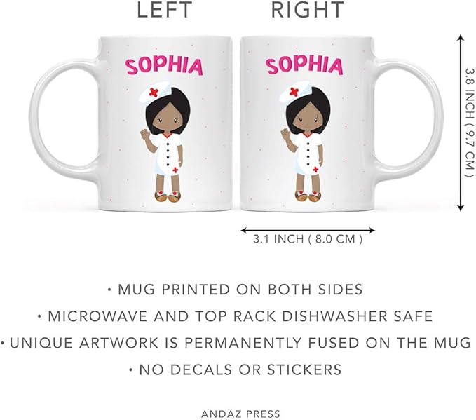 Andaz Press Personalized 11oz. Kids Milk Hot Chocolate Mug, Black Haired Girl Nurse, 1-Pack, Custom Child’s Birthday Christmas Coffee Cup