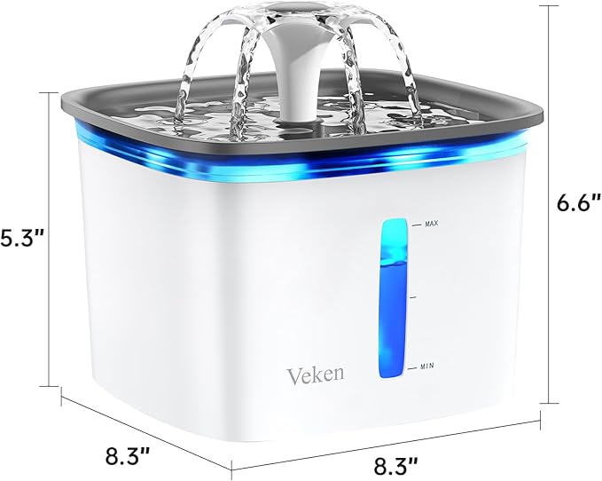 Veken Innovation Award Winner 95oz/2.8L Pet Fountain, Automatic Cat Water Fountain Dog Water Dispenser with Replacement Filters for Cats, Dogs, Multiple Pets (Grey, Plastic)