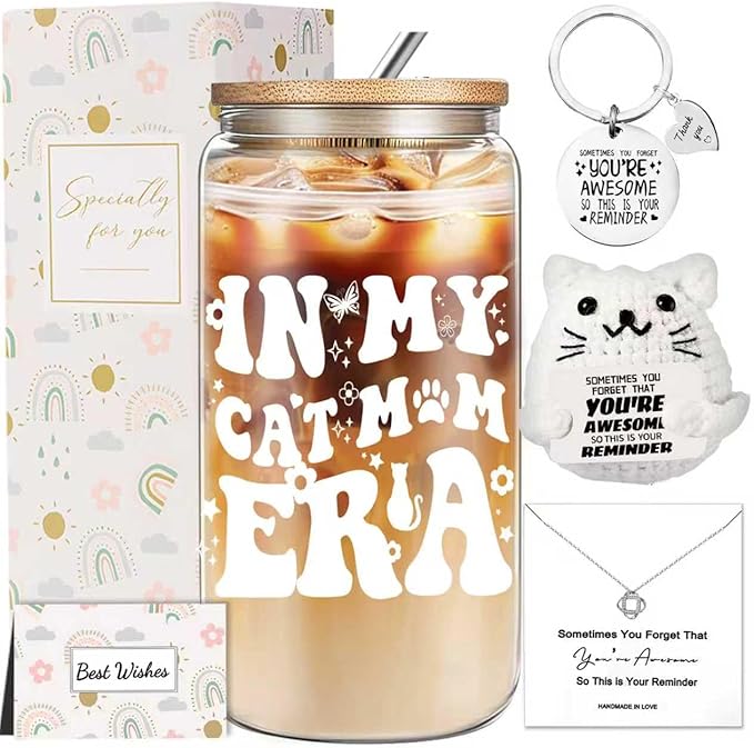 Cat Lover Birthday Gifts for Women, Cats Mom Mothers Day Gift, Cute Cat Themed Christmas Gifts Set with 16oz Glass Cup Necklace for Crazy Cats Lady, Mom Sister
