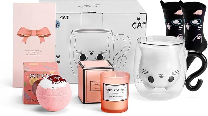 Cat Mug Gifts Set, Birthday Gifts for Women Her Mom, Christmas Presents for Women, Valentines Mothers Day Cat Lovers Presents Idea for Sister Wife Grandma Female Teacher Friend Coworker (Black)