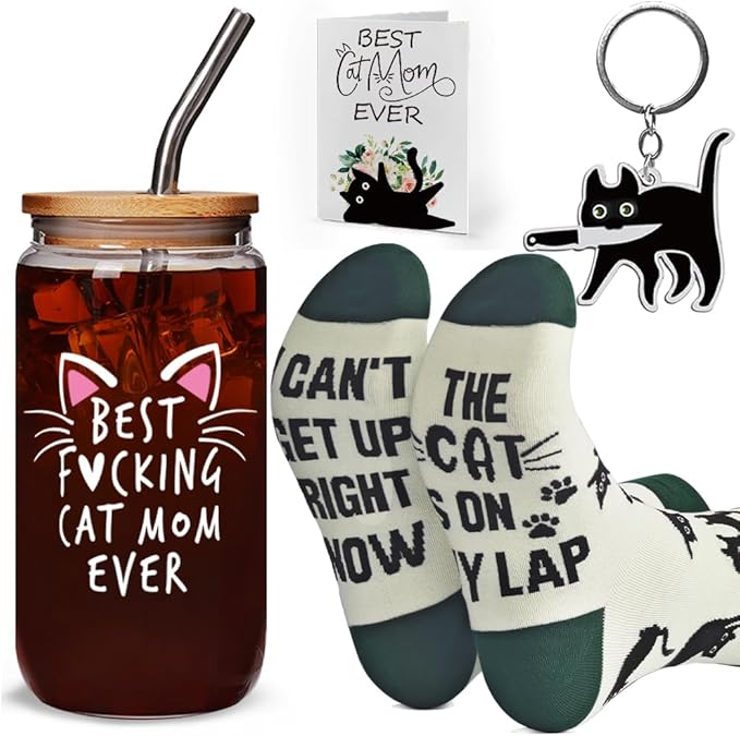 Funny Cat Glass Cup Set Best Cat Mom Ever Gifts for Cat Lover, Christmas Birthday Mothers Day Gifts for Cat Mom, Cute Cat Themed Gifts for Women Sister Bestie Daughter