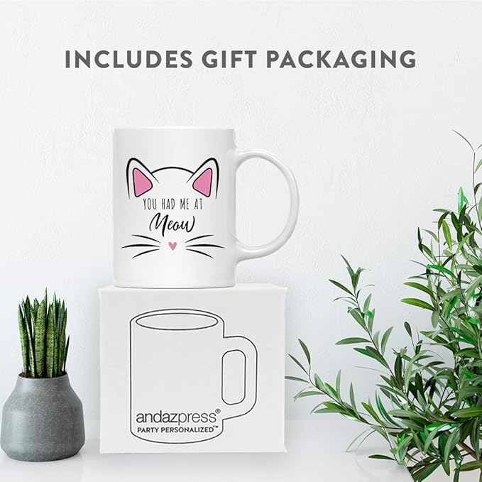 Andaz Press Funny Cat Lover 11oz. Ceramic Coffee Tea Mug, You Had Me At Meow, 1-Pack, for Cat Mom, Birthday Christmas Ideas, Includes Box