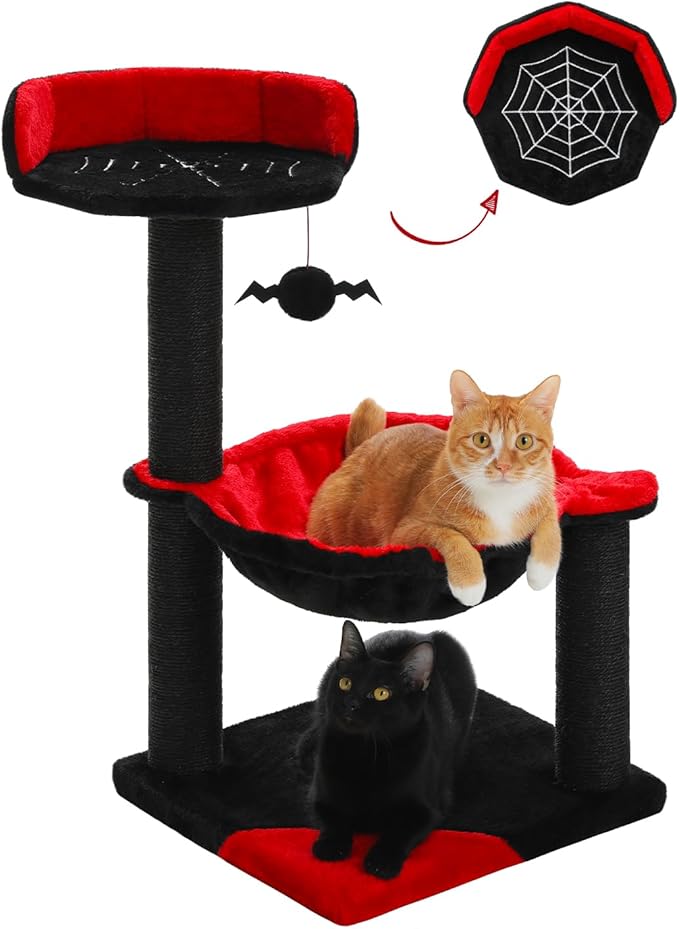 MUTTROS Gothic Cat Tree with Coffin Bed, Spooky Cat Tree with Black Scratching Posts & Halloween Cat Tower & Large Hammock for Small Kittens, Cat Toy Black Bat Included