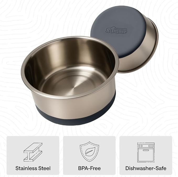 GORILLA GRIP Dog Bowls, Food Grade 304 Stainless Steel, Holds 4 Cups Each (32 fl oz) Food and Water Bowl for Feeding Dogs and Cats, Dishwasher Safe, Rust Resistant, BPA Free Rubber Base Set of 2 Gray