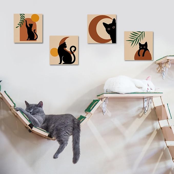 4 PCs Boho Cat Canvas Wall Art Framed Wall Decor, Botanical Wall Decor Bohemian Decor, Cat Lover Gifts, Cat Themed Gifts Art Prints Paintings, Cat Pictures Home Decor for Office Bedroom Farmhouse