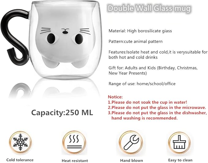 Phitihui Cat Mugs, Double Wall Glass Cute Coffee Tea Cup, Graduation Valentines Mothers Day Easter Halloween Christmas Gifts for Women Wife Mum Her Girl Teacher Friend, Birthday Present Idea