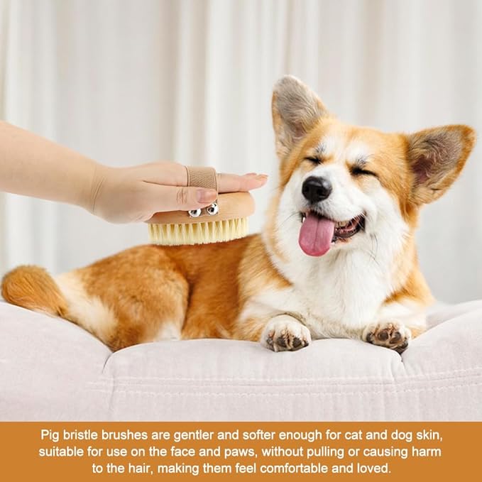 Soft Boar Bristle Pet Palm Brush for Short Haired Dogs and Cats with Band, Reduce Shedding,Ergonomic Dog Brush(Soft dog brush)