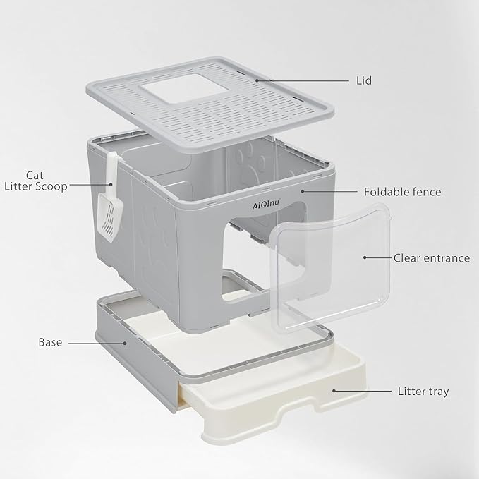AiQInu Cat Litter Box wtih Lid and Scoop - Foldable Large Enclosed Litter Box with High Sided Enclosure, Front Entry Top Exit, Odor Control, Anti Leakage No Smell, Easy Cleaning Height 15 inches