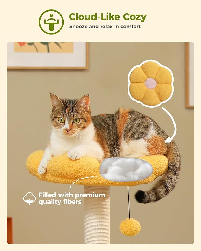 MUTTROS Flower Cat Tree with 2 Large Hammocks, 37.4" Small Cat Tower for Indoor Kitty with 6 Scratching Posts, Cute Cat Tree with Flower Top Perch, Yellow