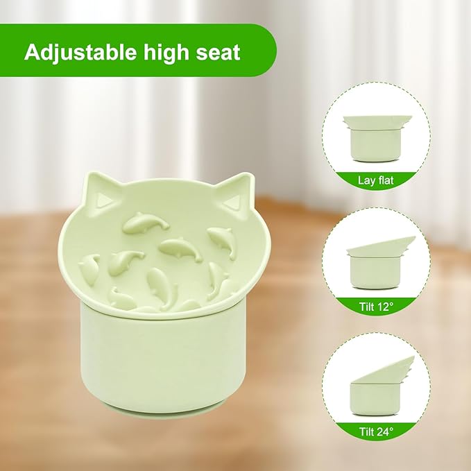 Cat Slow Feeder, Elevated Slow Feeder Bowl Tilt Design, No Black Chin, Tilted Design, for Dry Wet Food, for Cats & Small Dogs (Green)