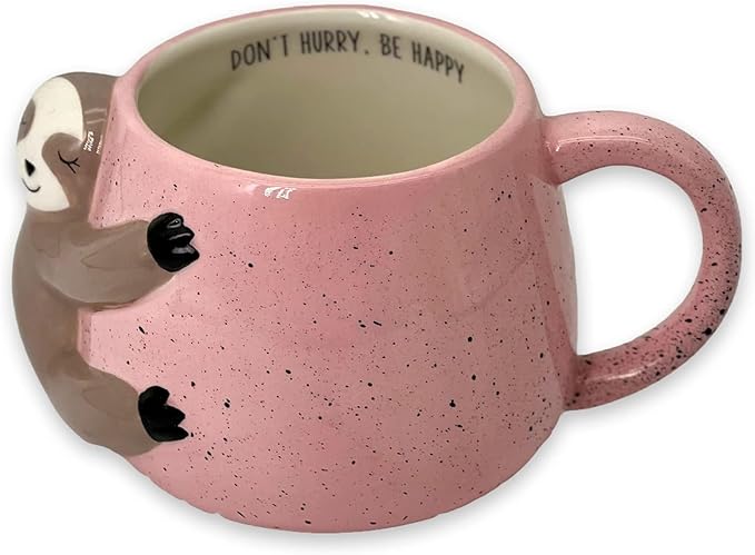 VOTUM Sloth Ceramic Coffee or Tea Mug - Animal Shaped Coffee Cup with Hand Printed Designs Saying “Don't Hurry. Be Happy” - Cute Handmade Gift for Men or Women Sloth Lovers – 18.6 Fluid Ounce