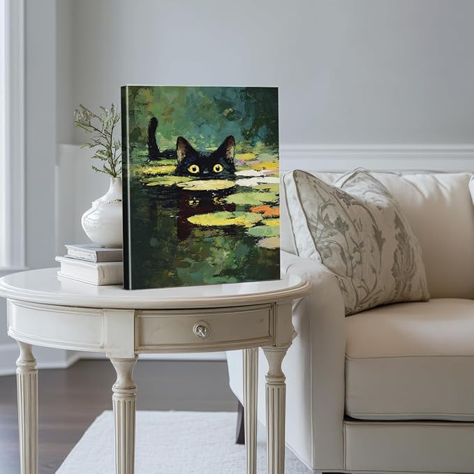 Vintage Cat Pond Wall Art Decor Funny Kitten in Lily Pond Print Picture Cat Lover Gifts Wall Decor for Home Living Room 8x10 Inch Canvas Framed