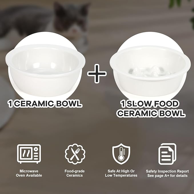 Upgraded Adjustable Height Cat Food Bowls Stand Ceramic Dog Bowls and Slow Feeder Cat Bowl, 15°Tilted Stand Anti Vomiting Raised for Small and Medium Sized Cats Dogs (Creamy White)