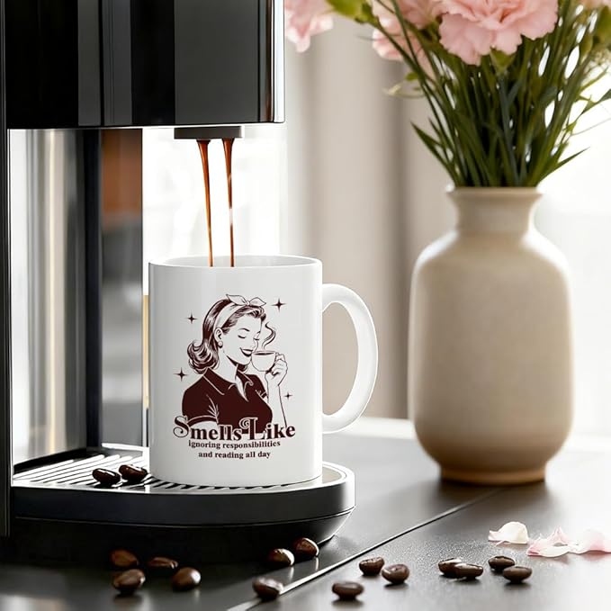 Smells Like Ignoring Responsibilities and Reading All Day Ceramic Coffee Mug for Women, Funny 11oz Vintage Book Mug for Book Lovers, Birthday Gifts for Bookish Readers Librarians Bookworms