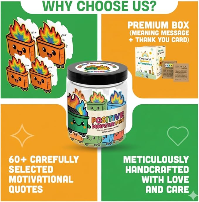 60 Positive Dumpster Fire Cards Jar, Affirmation Cards, Emotional Support, Gag Funny Dumpster Fire Desk Accessories - Zen Garden, Friends Coworkers Gifts for Women, Men