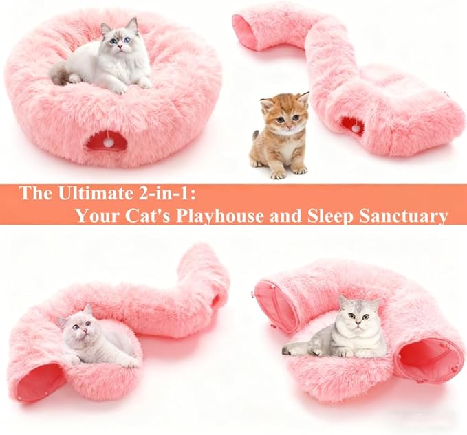 Cat Tunnel Bed Under Christmas, Luxury Donut Cat House Xmas Tree Skirt Tunnel Bed with Washable Cushion, Two-Entry Peekaboo Round Christmas Kitty Donut for Kitten Puppy Rabbit Ferret