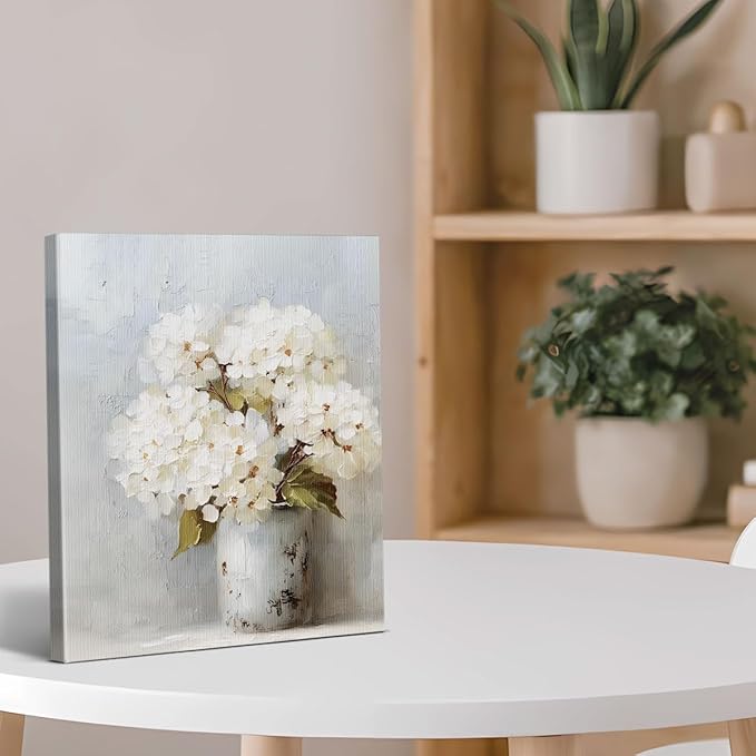 Vintage White Hydrangea Canvas Wall Art Rustic Neutral Floral Print Painting Cottagecore Wall Decor for Home Farmhouse Living Room 8x10 Inches Framed
