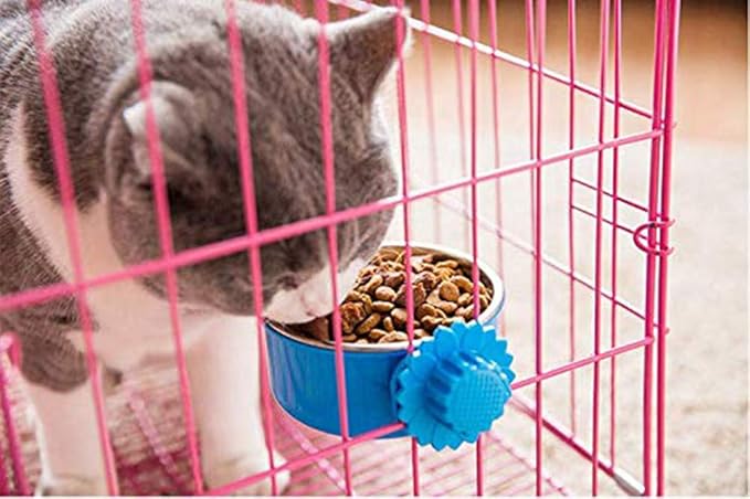 DEVILMAYCARE Pet Feeder Dog Bowl Stainless Steel Food Hanging Bowl Crates Cages Dog Parrot Bird Pet Drink Water Bowl Dish Accessory (L: 6''x2.2'', Blue)