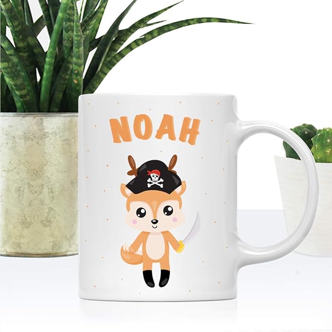 Andaz Press Personalized 11oz. Kids Milk Hot Chocolate Mug, Deer with Pirate Black Hat, 1-Pack, Custom Child’s Birthday Christmas Coffee Cup